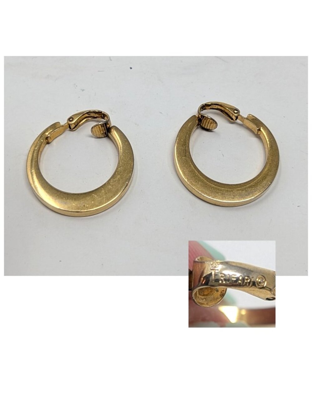 Vintage Trifari Crown Gold Hoop Earrings Clip Signed